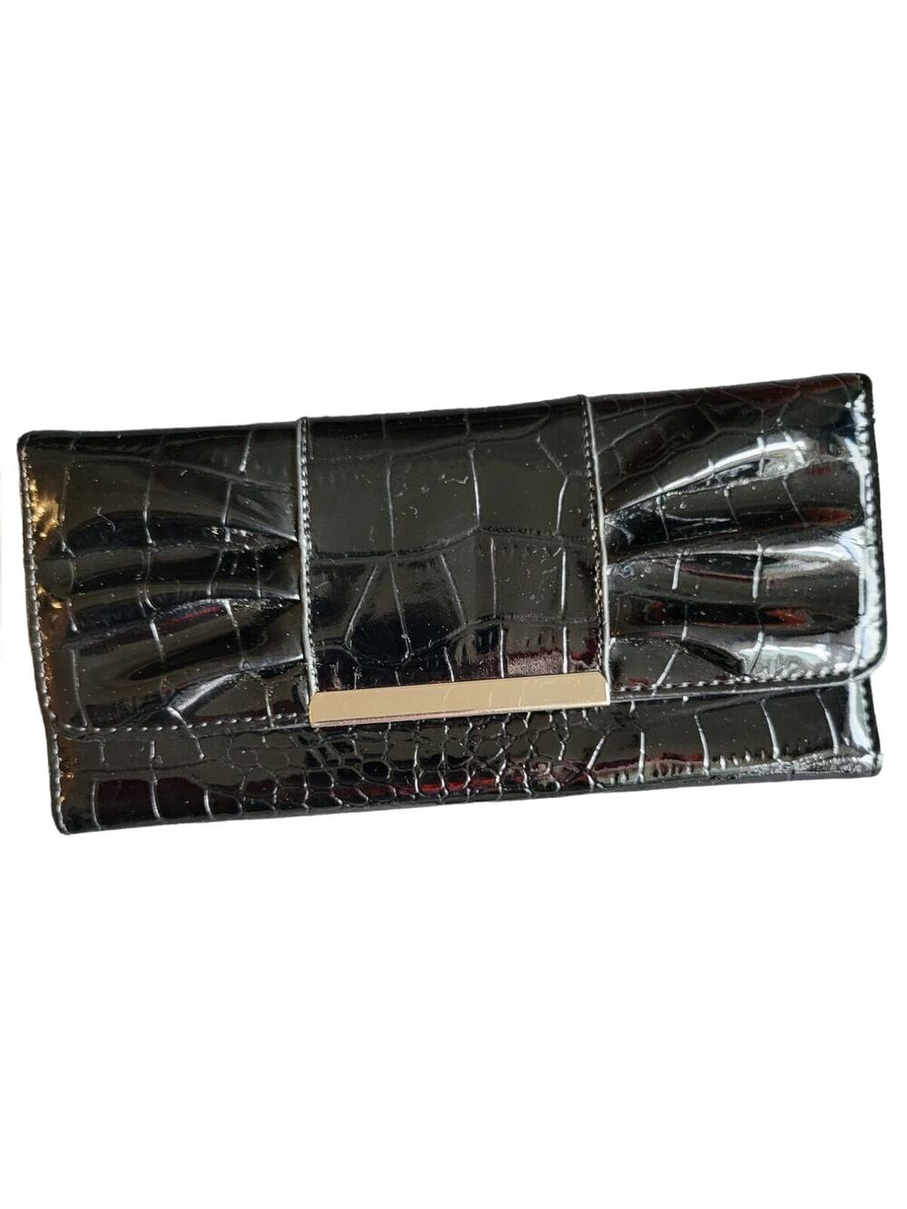 Black Slim Faux Alligator Print Patent Leather Look Evening Bag Clutch 7.5 x 4